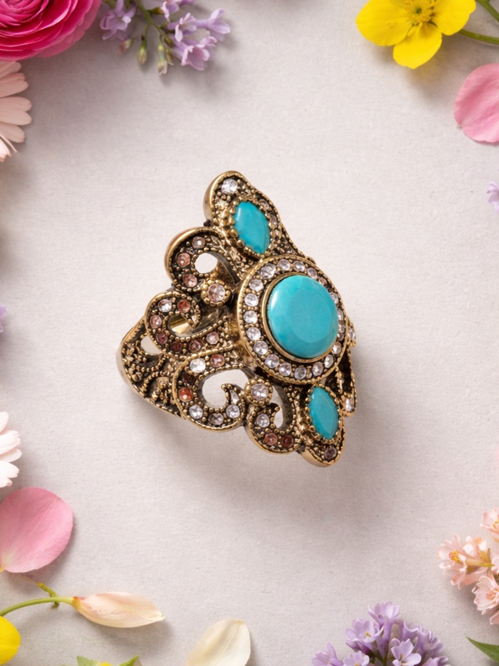 Vintage Design Faux Turquoise & Rhinestone Cocktail Ring Size 7 3/4